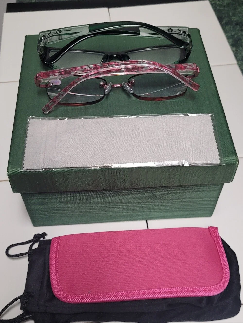Pink Frame Reading Glasses with Matching Pink Sleeve & Green Glasses